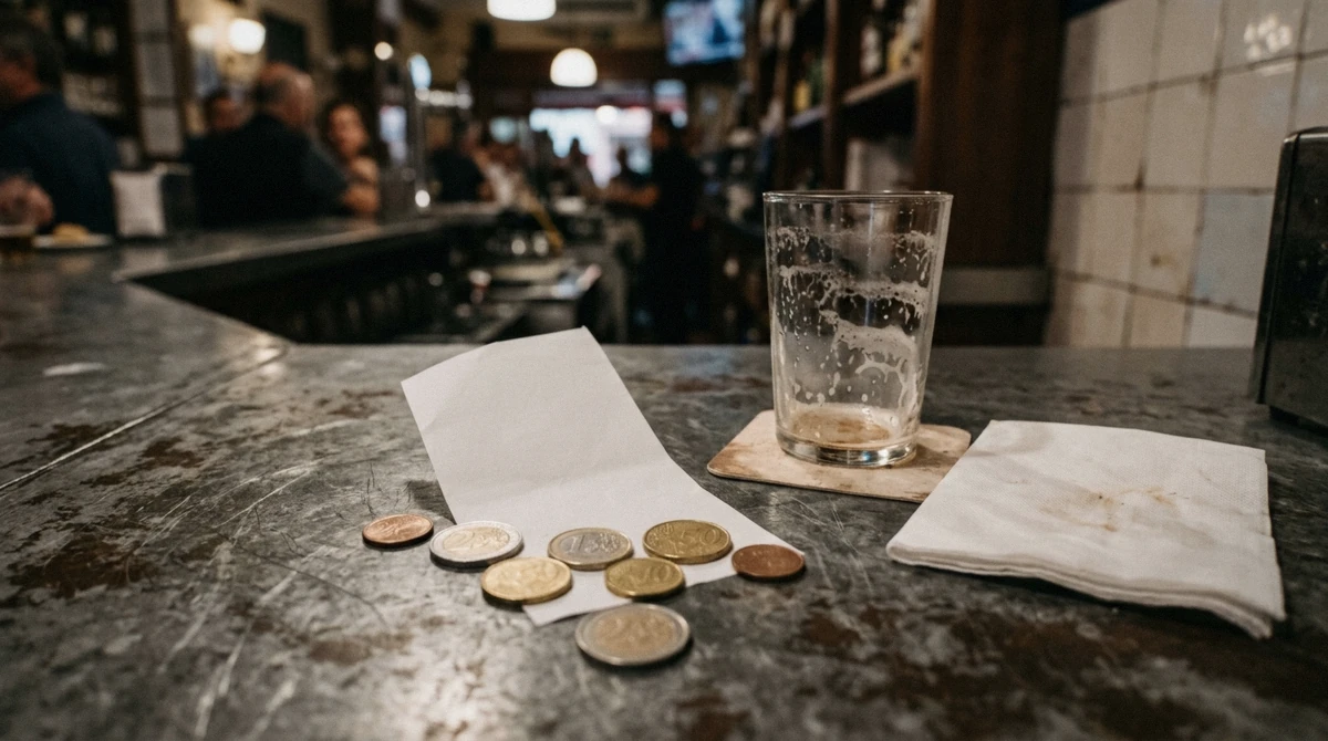Bar bill and coins on a counter beside an empty beer glass in Seville