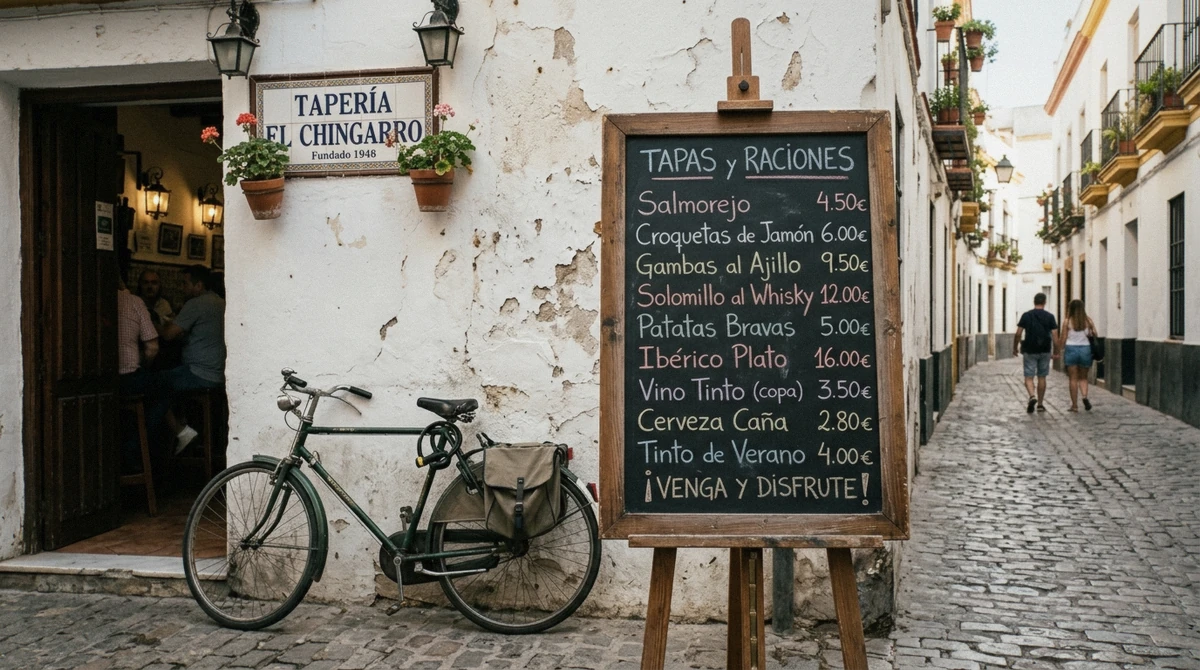 Handwritten chalkboard tapas menu with prices in euros outside a Seville bar