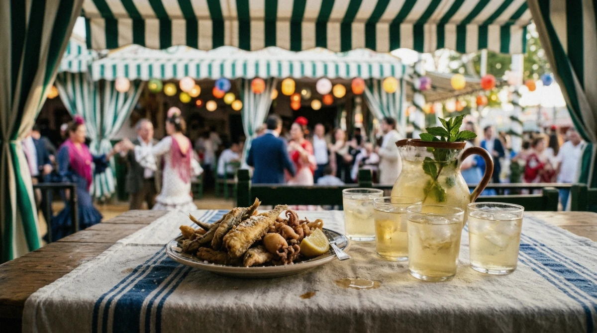 Fried fish and rebujito on a table at the Feria de Abril in Seville, seasonal food in spring