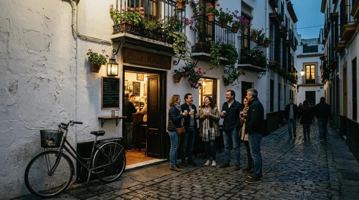 Narrow Seville street at dusk with people standing outside a tapas bar with drinks