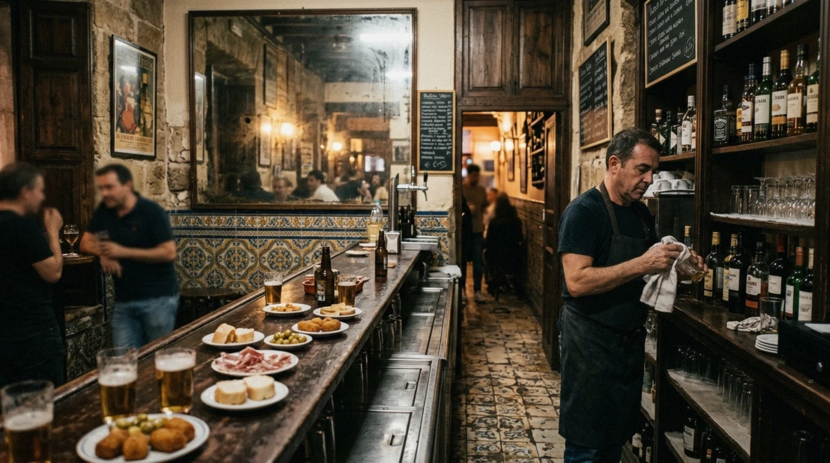 Crowded historic tapas bar counter in Seville with hanging hams and hand-written chalkboard menu