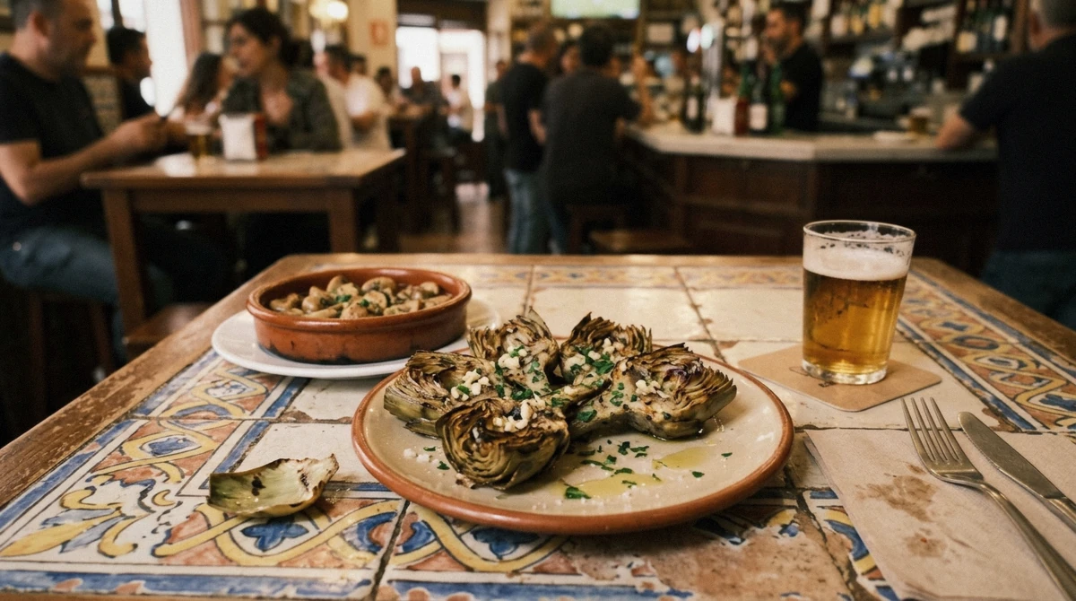 Grilled artichokes and mushrooms with garlic served as vegetarian tapas in Seville