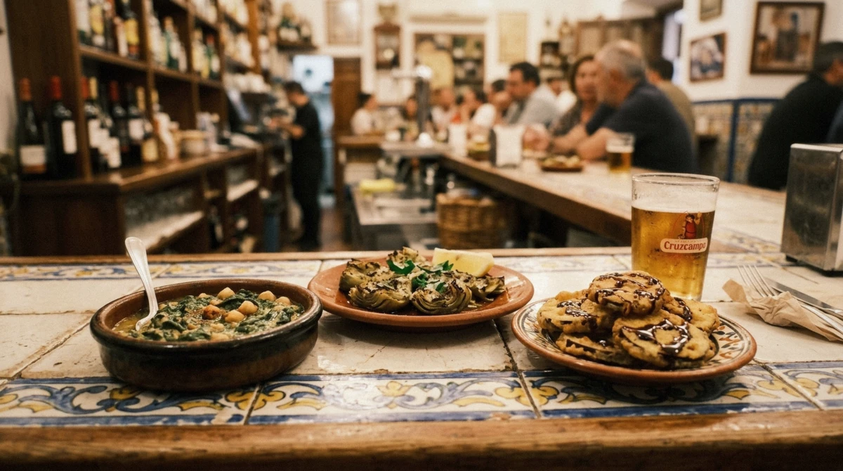 Vegetarian tapas of spinach with chickpeas, fried aubergine with cane honey and grilled artichokes in a Seville bar