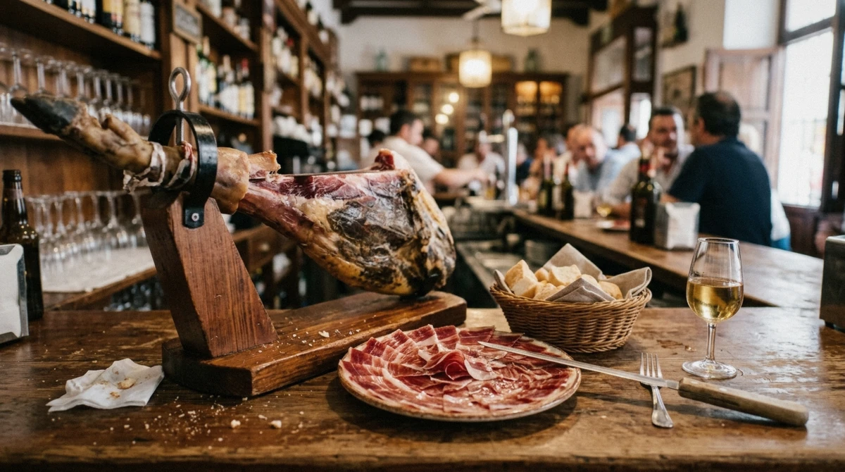 Cured ham being sliced at a counter beside plates of Seville tapas