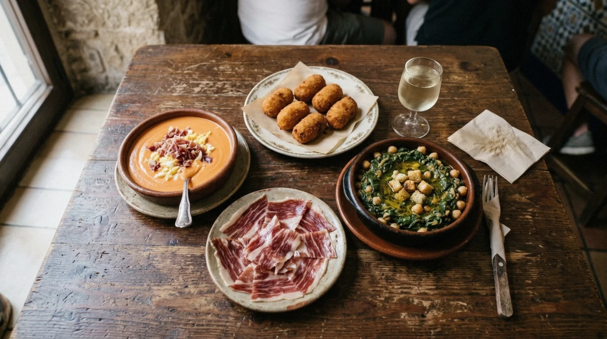 Plates of salmorejo, spinach with chickpeas and jamon iberico on a bar counter, classic dishes to eat in Seville