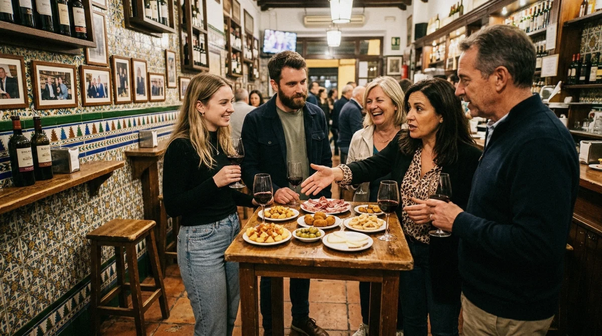 Small group of travellers eating tapas at a high table on a Seville food tour in a narrow bar