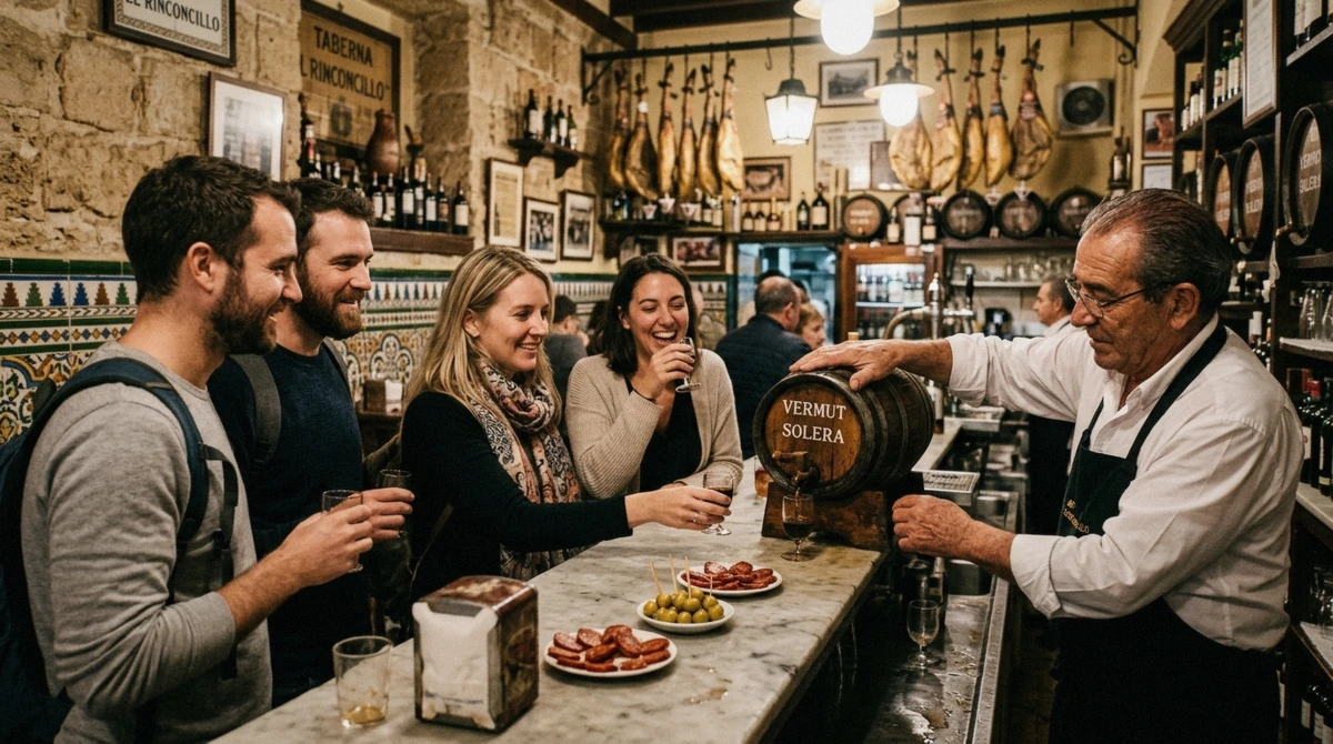 Guide pouring vermouth from the barrel for a small group on a Seville food tour in a historic tavern