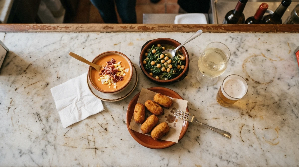 Salmorejo, croquetas and spinach with chickpeas on a marble bar counter on a Seville food tour